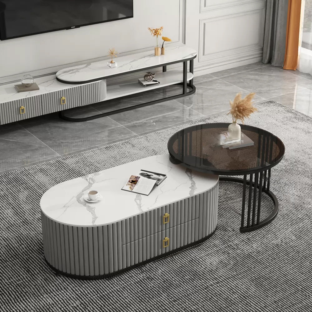 Round Coffee Table Slate Frame Nesting Coffee Table Set with 2 Drawers White-Black Black Clearhalo 'Coffee & Accent Tables' 'Coffee Tables' 'coffee_tables' 'furn' 'furn_coffee_tables' 'Furniture' 'Living Room Furniture' 6704810