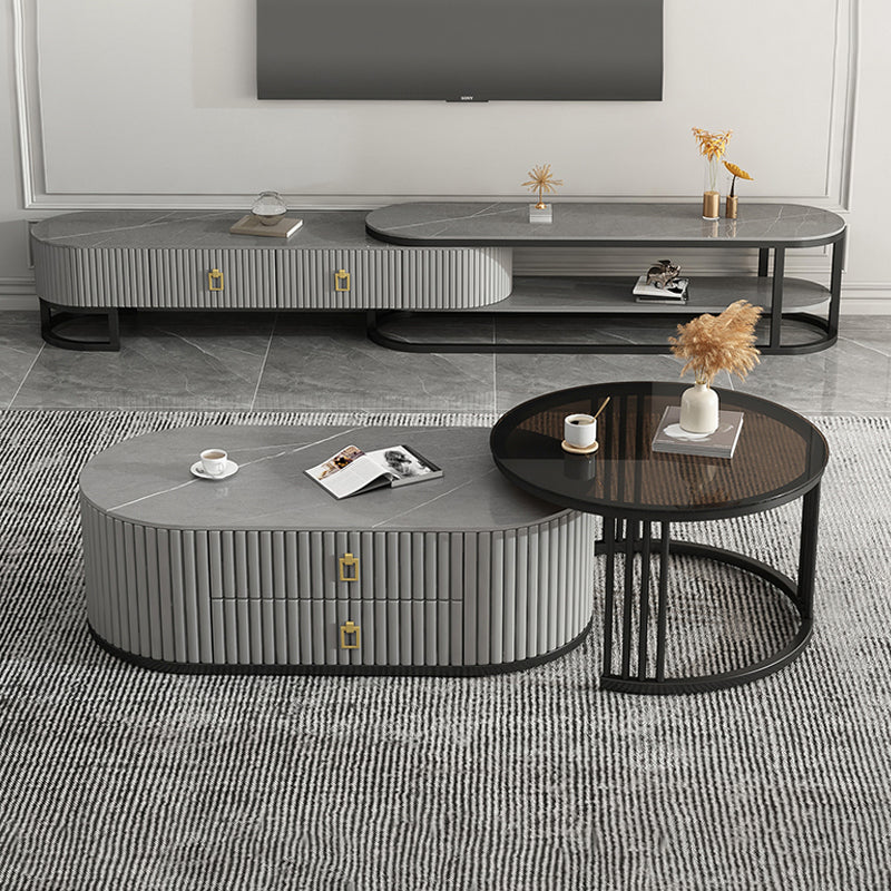 Round Coffee Table Slate Frame Nesting Coffee Table Set with 2 Drawers Clearhalo 'Coffee & Accent Tables' 'Coffee Tables' 'coffee_tables' 'furn' 'furn_coffee_tables' 'Furniture' 'Living Room Furniture' 6704811