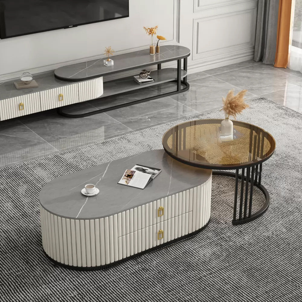 Round Coffee Table Slate Frame Nesting Coffee Table Set with 2 Drawers Gray-White Black Clearhalo 'Coffee & Accent Tables' 'Coffee Tables' 'coffee_tables' 'furn' 'furn_coffee_tables' 'Furniture' 'Living Room Furniture' 6704812