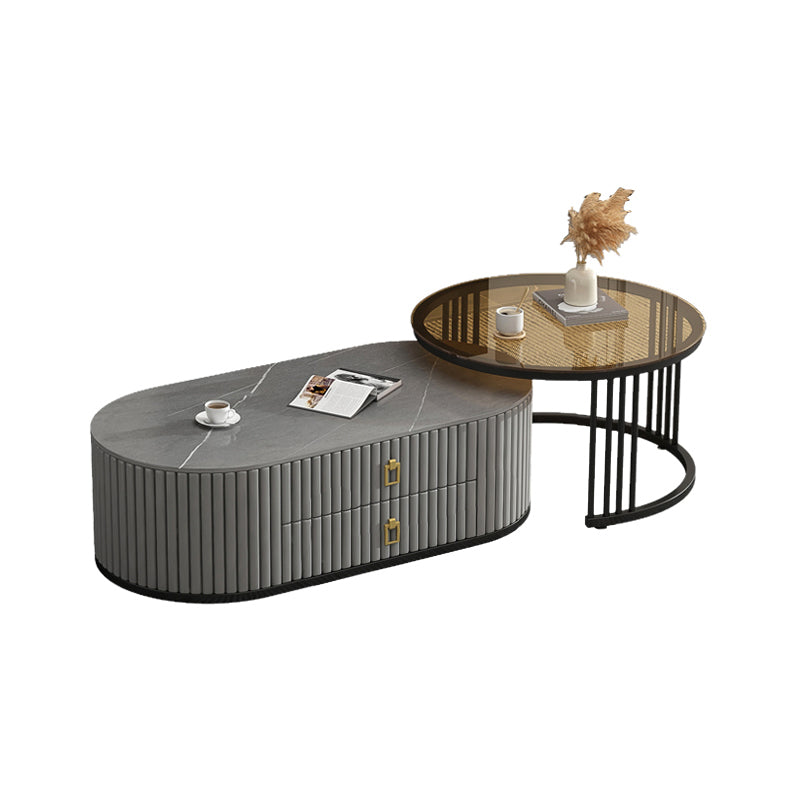 Round Coffee Table Slate Frame Nesting Coffee Table Set with 2 Drawers Clearhalo 'Coffee & Accent Tables' 'Coffee Tables' 'coffee_tables' 'furn' 'furn_coffee_tables' 'Furniture' 'Living Room Furniture' 6704813
