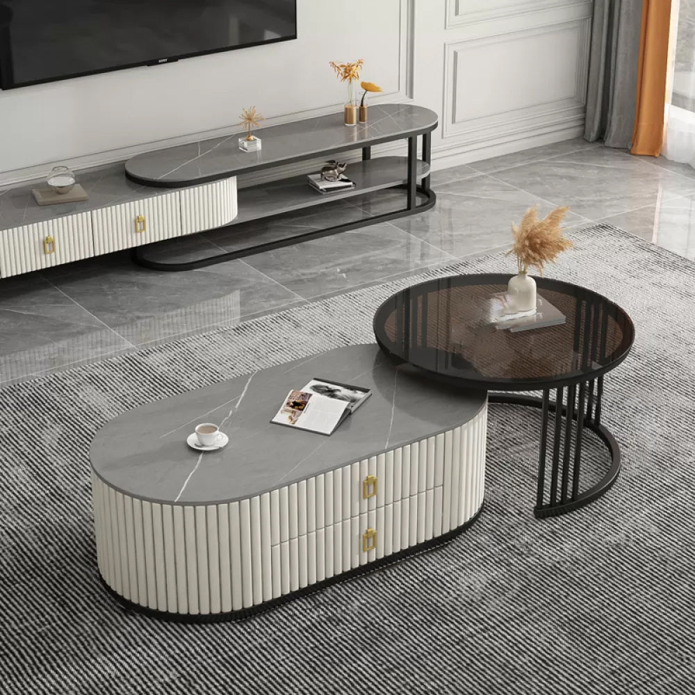 Round Coffee Table Slate Frame Nesting Coffee Table Set with 2 Drawers Light Gray-Black Black Clearhalo 'Coffee & Accent Tables' 'Coffee Tables' 'coffee_tables' 'furn' 'furn_coffee_tables' 'Furniture' 'Living Room Furniture' 6704814