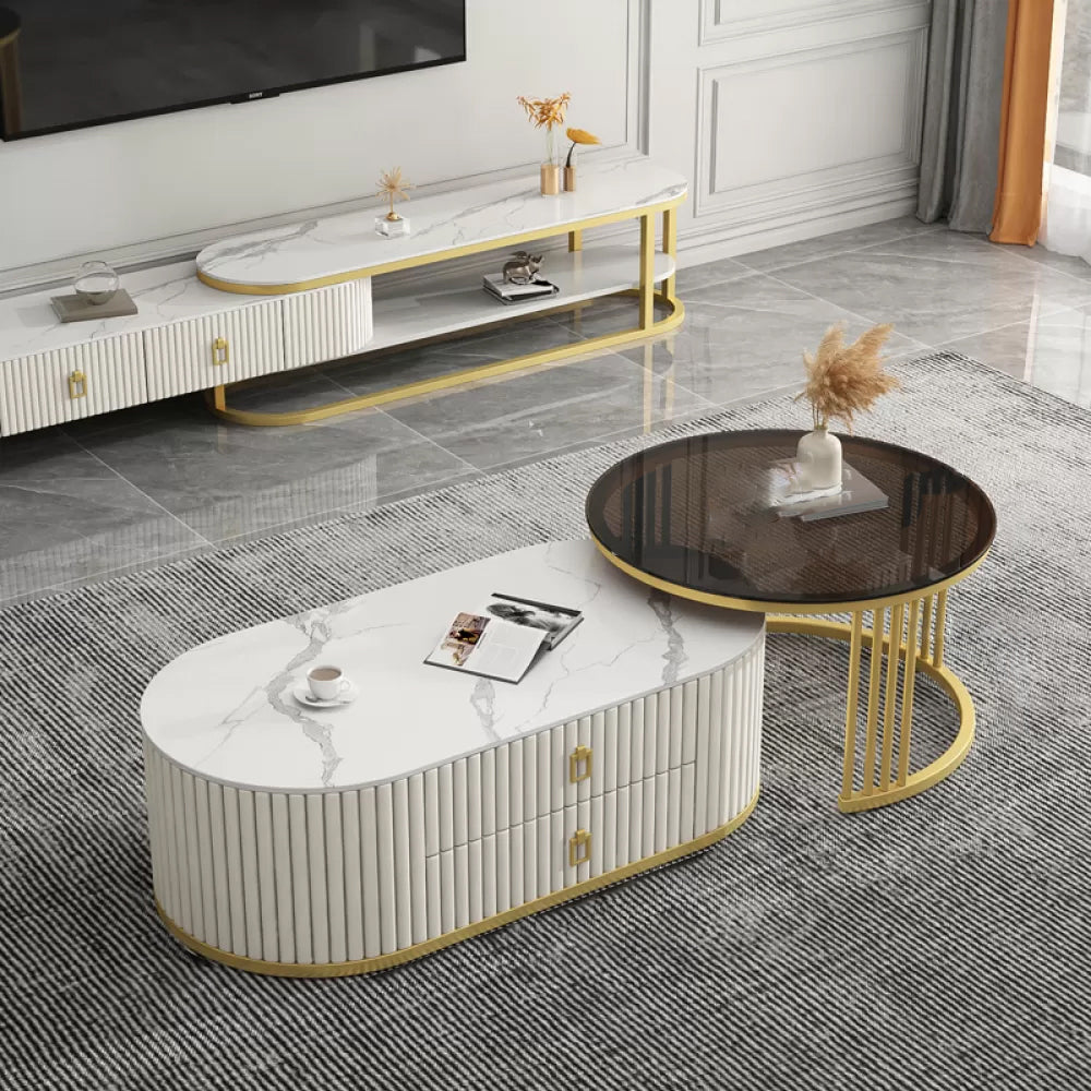 Round Coffee Table Slate Frame Nesting Coffee Table Set with 2 Drawers Grey Gold Clearhalo 'Coffee & Accent Tables' 'Coffee Tables' 'coffee_tables' 'furn' 'furn_coffee_tables' 'Furniture' 'Living Room Furniture' 6704816