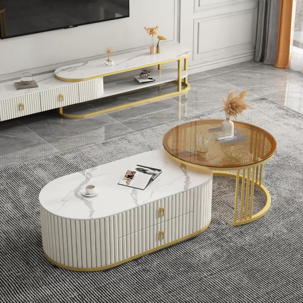 Round Coffee Table Slate Frame Nesting Coffee Table Set with 2 Drawers White Gold Clearhalo 'Coffee & Accent Tables' 'Coffee Tables' 'coffee_tables' 'furn' 'furn_coffee_tables' 'Furniture' 'Living Room Furniture' 6704819