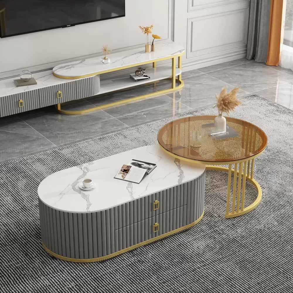 Round Coffee Table Slate Frame Nesting Coffee Table Set with 2 Drawers Ivory Gold Clearhalo 'Coffee & Accent Tables' 'Coffee Tables' 'coffee_tables' 'furn' 'furn_coffee_tables' 'Furniture' 'Living Room Furniture' 6704820