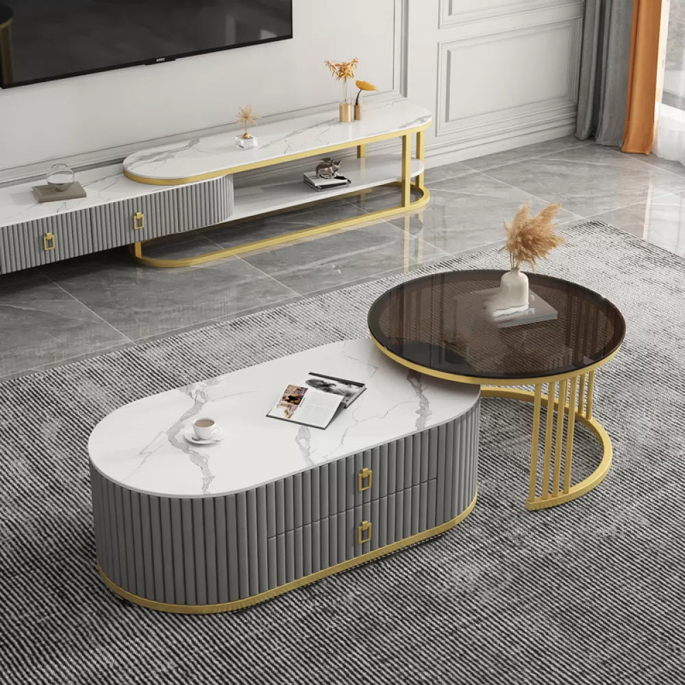 Round Coffee Table Slate Frame Nesting Coffee Table Set with 2 Drawers White-Black Gold Clearhalo 'Coffee & Accent Tables' 'Coffee Tables' 'coffee_tables' 'furn' 'furn_coffee_tables' 'Furniture' 'Living Room Furniture' 6704823