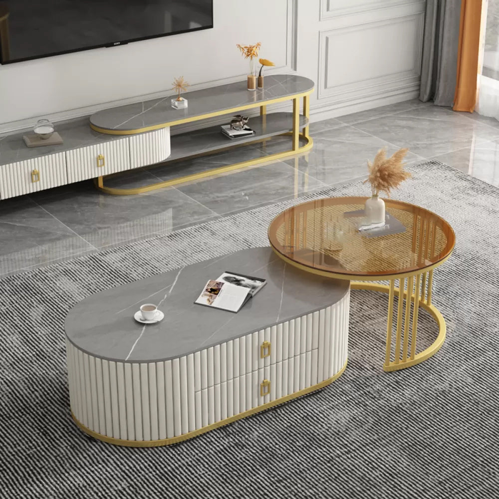 Round Coffee Table Slate Frame Nesting Coffee Table Set with 2 Drawers Gray-White Gold Clearhalo 'Coffee & Accent Tables' 'Coffee Tables' 'coffee_tables' 'furn' 'furn_coffee_tables' 'Furniture' 'Living Room Furniture' 6704824