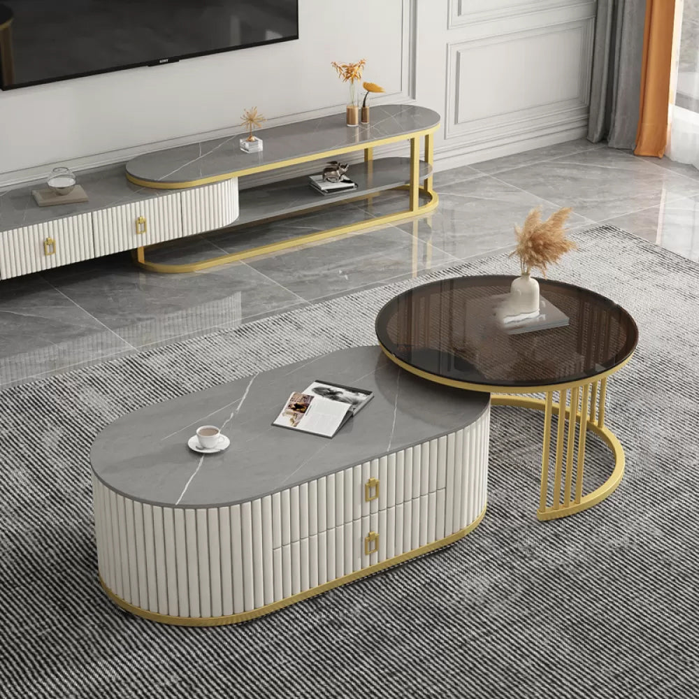 Round Coffee Table Slate Frame Nesting Coffee Table Set with 2 Drawers Light Gray-Black Gold Clearhalo 'Coffee & Accent Tables' 'Coffee Tables' 'coffee_tables' 'furn' 'furn_coffee_tables' 'Furniture' 'Living Room Furniture' 6704825