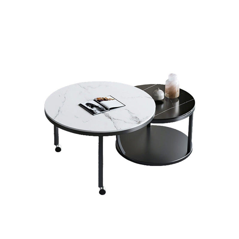 Contemporary Coffee Table Set Slate Round 2-Piece Coffee Cocktail Table