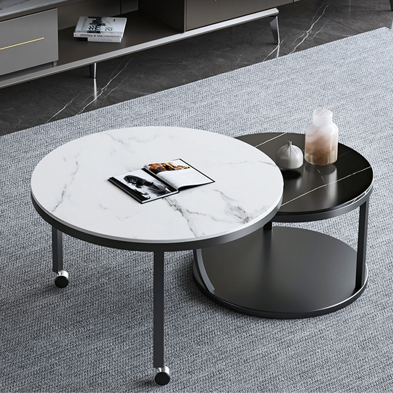 Contemporary Coffee Table Set Slate Round 2-Piece Coffee Cocktail Table