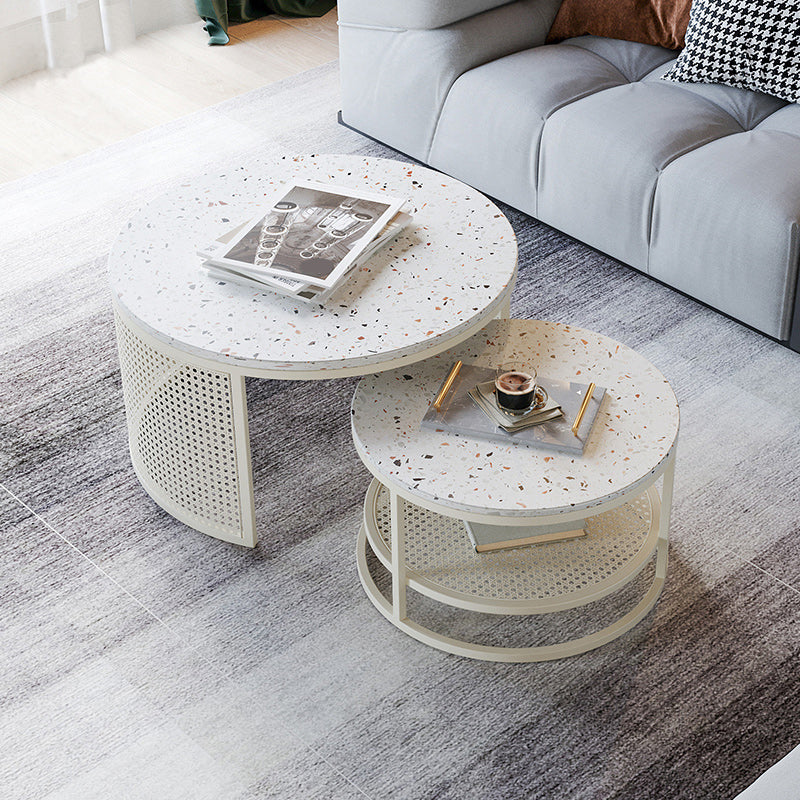 Contemporary Coffee Table White Round Slate Coffee Cocktail Table Clearhalo 'Coffee & Accent Tables' 'Coffee Tables' 'coffee_tables' 'furn' 'furn_coffee_tables' 'Furniture' 'Living Room Furniture' 6704926