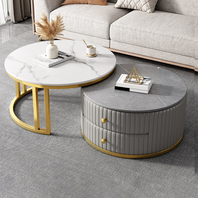 Round Nesting Coffee Table Set Frame Coffee Table Set with 2 Drawers White-Gray Gold Clearhalo 'Coffee & Accent Tables' 'Coffee Tables' 'coffee_tables' 'furn' 'furn_coffee_tables' 'Furniture' 'Living Room Furniture' 6705109