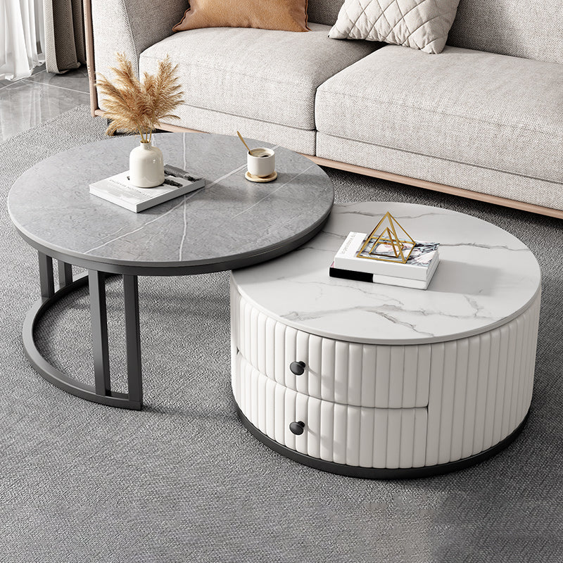 Round Nesting Coffee Table Set Frame Coffee Table Set with 2 Drawers Gray-White Black Clearhalo 'Coffee & Accent Tables' 'Coffee Tables' 'coffee_tables' 'furn' 'furn_coffee_tables' 'Furniture' 'Living Room Furniture' 6705126
