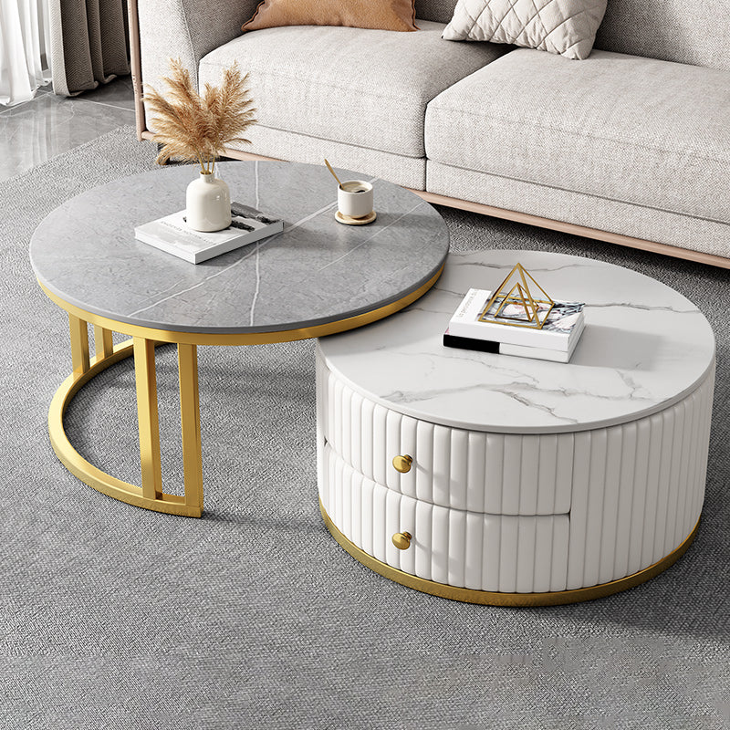 Round Nesting Coffee Table Set Frame Coffee Table Set with 2 Drawers Gray-White Gold Clearhalo 'Coffee & Accent Tables' 'Coffee Tables' 'coffee_tables' 'furn' 'furn_coffee_tables' 'Furniture' 'Living Room Furniture' 6705128