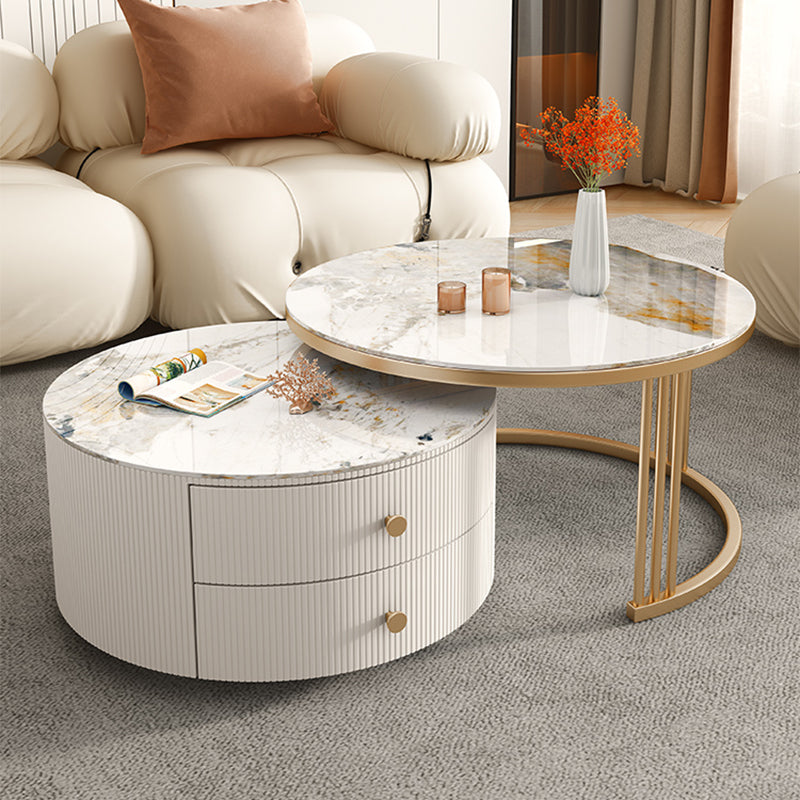Metal Anb Glass Coffee Table Set Round Nesting Coffee Table Set with 2 Drawers Marble Gray Gold Clearhalo 'Coffee & Accent Tables' 'Coffee Tables' 'coffee_tables' 'furn' 'furn_coffee_tables' 'Furniture' 'Living Room Furniture' 6705134