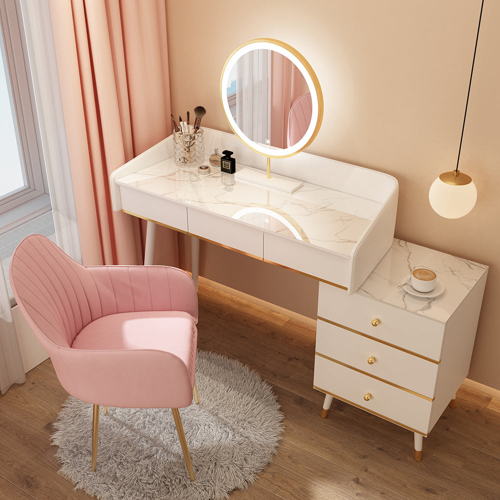 Wood Mirrored Vanity Desk with 5/6 Drawers Luxurious Dressing Table Makeup Vanity & Mirror & Stools 39"L x 16"W x 31"H White Clearhalo 'Bedroom Furniture' 'furn' 'furn_makeup_vanities' 'Furniture' 'Makeup Vanities' 'makeup_vanities' 6705475