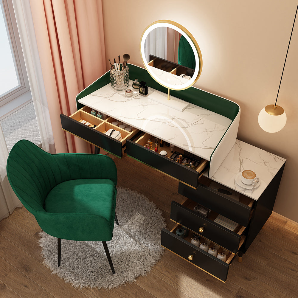 Wood Mirrored Vanity Desk with 5/6 Drawers Luxurious Dressing Table Makeup Vanity & Mirror & Stools 31"L x 16"W x 31"H Black Clearhalo 'Bedroom Furniture' 'furn' 'furn_makeup_vanities' 'Furniture' 'Makeup Vanities' 'makeup_vanities' 6705478