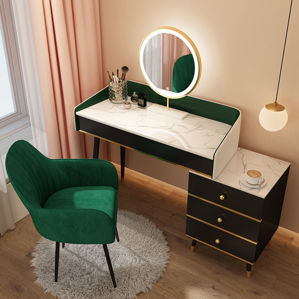Wood Mirrored Vanity Desk with 5/6 Drawers Luxurious Dressing Table Makeup Vanity & Mirror & Stools 39"L x 16"W x 31"H Black Clearhalo 'Bedroom Furniture' 'furn' 'furn_makeup_vanities' 'Furniture' 'Makeup Vanities' 'makeup_vanities' 6705480