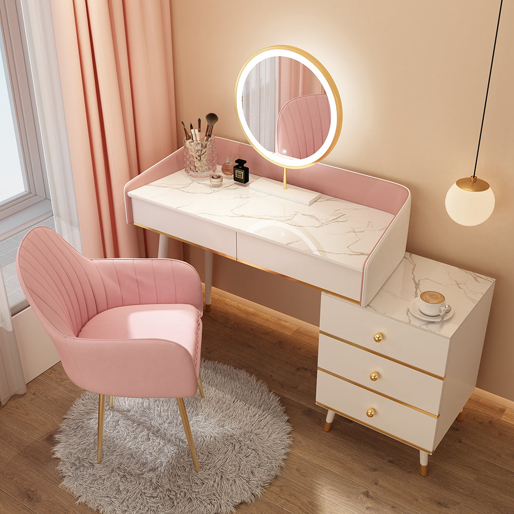 Wood Mirrored Vanity Desk with 5/6 Drawers Luxurious Dressing Table Makeup Vanity & Mirror & Stools 31"L x 16"W x 31"H Pink-White Clearhalo 'Bedroom Furniture' 'furn' 'furn_makeup_vanities' 'Furniture' 'Makeup Vanities' 'makeup_vanities' 6705481