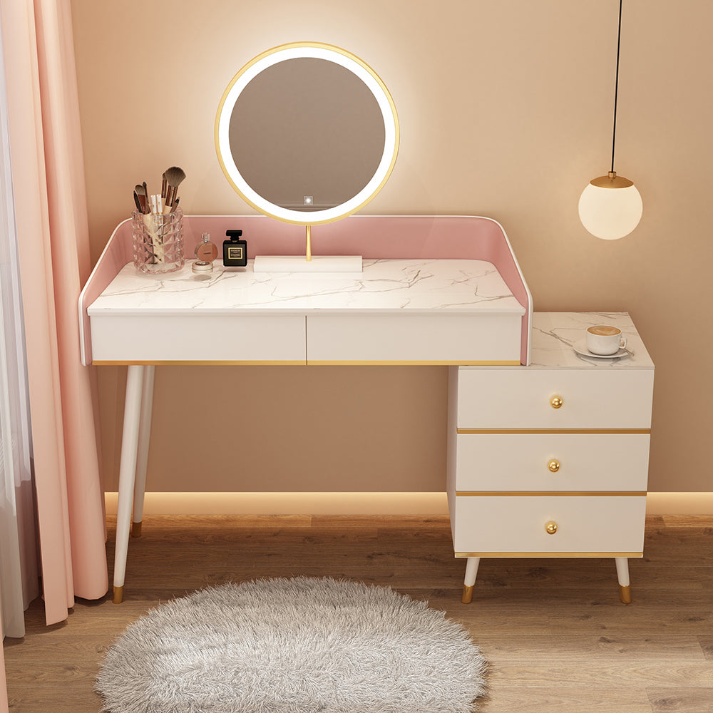 Wood Mirrored Vanity Desk with 5/6 Drawers Luxurious Dressing Table Makeup Vanity & Mirror 31"L x 16"W x 31"H Pink-White Clearhalo 'Bedroom Furniture' 'furn' 'furn_makeup_vanities' 'Furniture' 'Makeup Vanities' 'makeup_vanities' 6705485