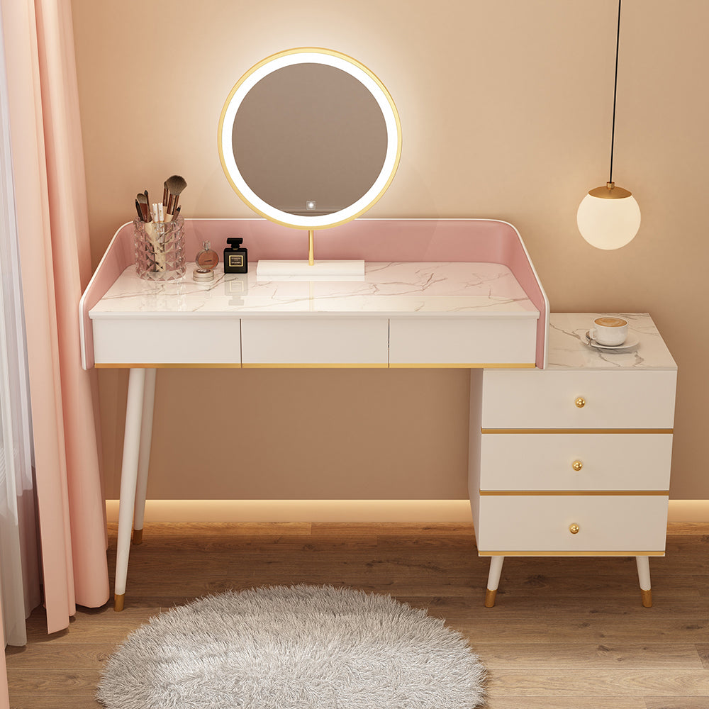 Wood Mirrored Vanity Desk with 5/6 Drawers Luxurious Dressing Table Makeup Vanity & Mirror 39"L x 16"W x 31"H Pink-White Clearhalo 'Bedroom Furniture' 'furn' 'furn_makeup_vanities' 'Furniture' 'Makeup Vanities' 'makeup_vanities' 6705488
