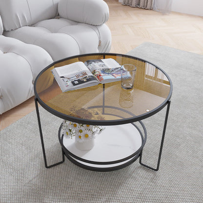 Round Cocktail Table Glass Top Single Coffee Table with Shelf Tan Black Clearhalo 'Coffee & Accent Tables' 'Coffee Tables' 'coffee_tables' 'furn' 'furn_coffee_tables' 'Furniture' 'Living Room Furniture' 6705548