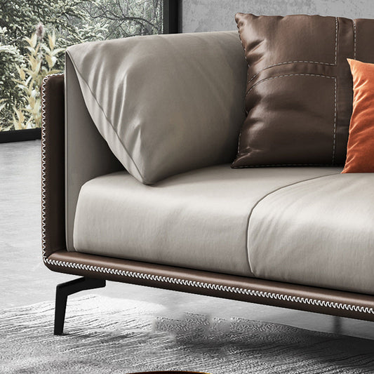 Pillow Top Arm Sofa Modern Leather Sofa with Pillows in Gray and Brown