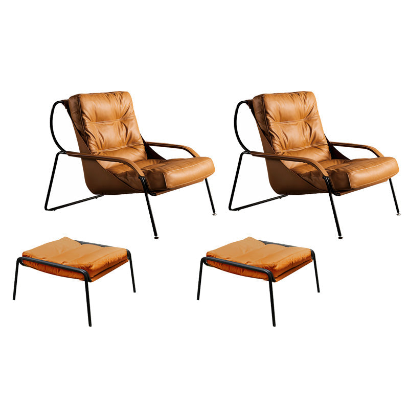 Industrial Genuine Leather Lounge Chair Solid Color Tufted Back Chair Brown 2 Piece Set With Ottoman Clearhalo 'Accent Chairs' 'accent_chairs' 'Chairs & Seating' 'furn' 'furn_accent_chairs' 'Furniture' 'Living Room Furniture' 6706046