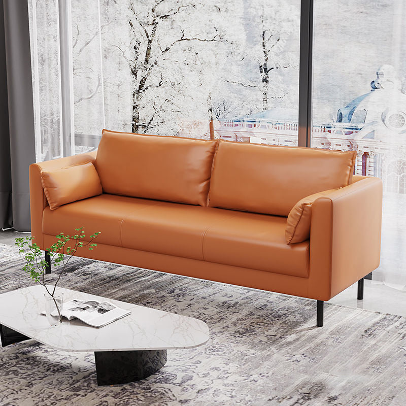 Tuxedo Arm Sofa Stain Resistant Faux Leather Standard Sofa with 4 Pillows Orange Clearhalo 'furn' 'furn_sofas' 'Furniture' 'Living Room Furniture' 'Sofa' 'sofas' 6706427