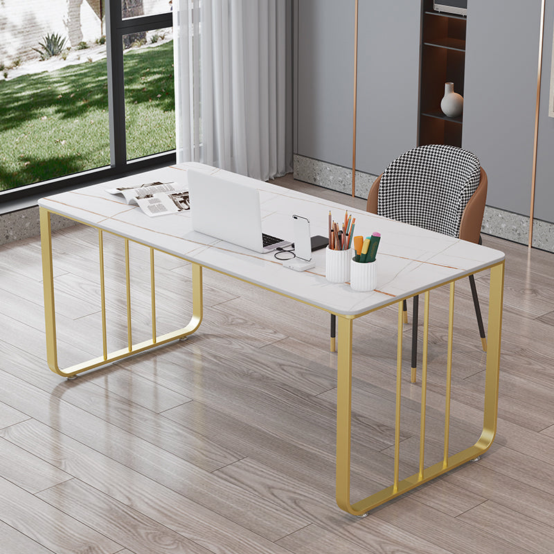 Glam 29.53-inch Tall Writing Desk Stone Rectangular Office Desk White-Gold Clearhalo 'furn' 'furn_office_desk' 'Furniture' 'Office Desks' 'Office Furniture' 'office_desk' 6709443