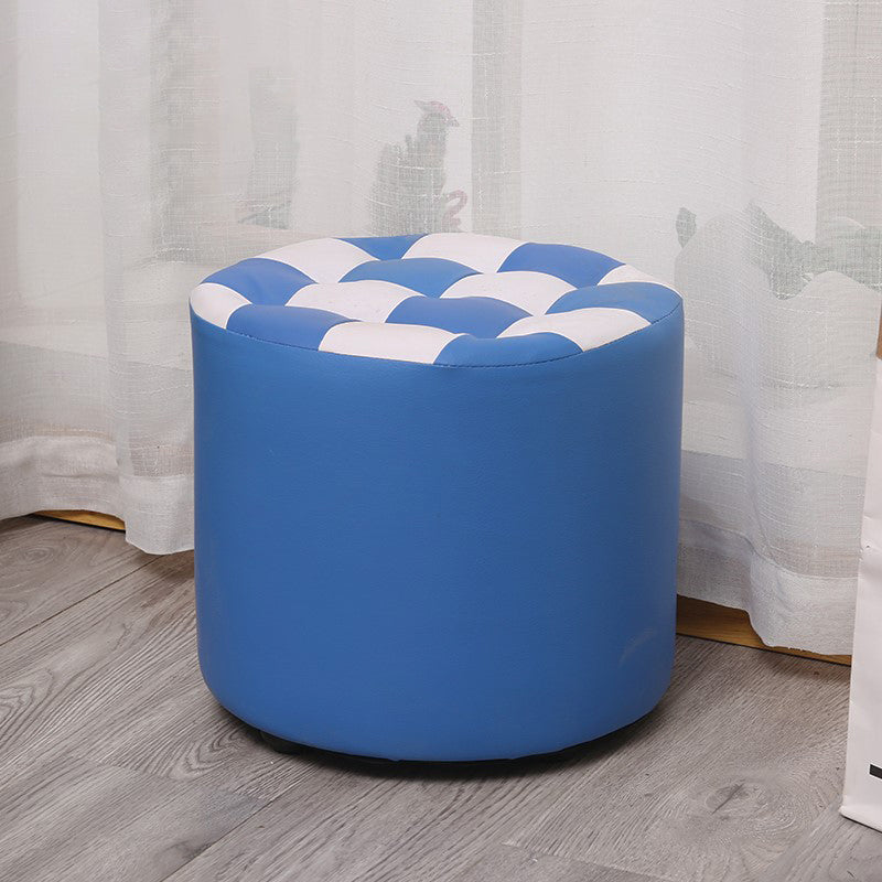 Color Block Ottoman Faux Leather Stain Resistant Cylinder Shape Pouf Ottoman 12"L x 12"W x 11"H Blue 1 Piece Clearhalo 'furn' 'furn_ottomans_poufs' 'Furniture' 'Living Room Furniture' 'Ottomans & Poufs' 'ottomans_poufs' 6719111
