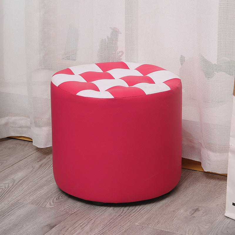 Color Block Ottoman Faux Leather Stain Resistant Cylinder Shape Pouf Ottoman 12"L x 12"W x 11"H Rose Red 1 Piece Clearhalo 'furn' 'furn_ottomans_poufs' 'Furniture' 'Living Room Furniture' 'Ottomans & Poufs' 'ottomans_poufs' 6719129