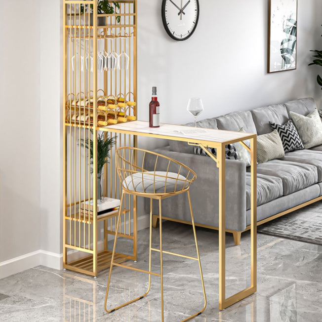 Glam Rectangle Bar Set 1/2 Pieces Self-Storing Leaf Pub Table with Upholstered Stool 2 Pieces: Gold Table, 1 Stool Clearhalo 'Bar Furniture' 'furn' 'furn_home_bar_bar_sets' 'Furniture' 'Home Bars & Bar Sets' 'home_bar_bar_sets' 'Kitchen & Dining Furniture' 6719311