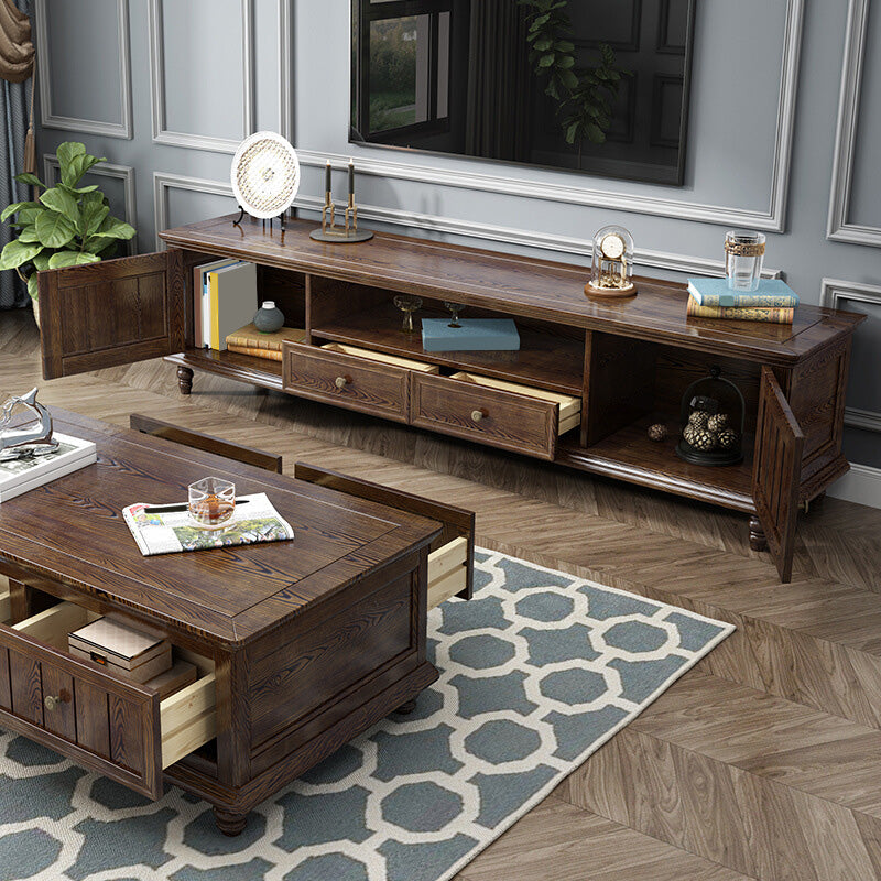 Support multimédia TV antique, console TV en frêne avec tiroirs pour salon