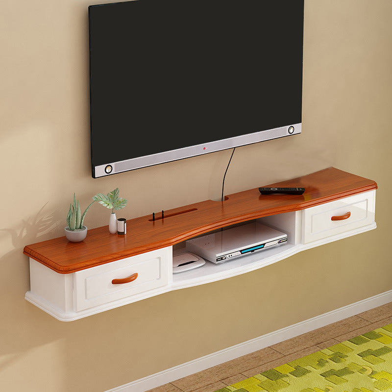 9.5" H Wall-mounted Wooden TV Stand Console Open Storage TV Stand with 2 Drawers White-Brown Clearhalo 'furn' 'furn_tv_stands_entertainment_centers' 'Furniture' 'Living Room Furniture' 'TV Stands & Entertainment Centers' 'TV Stands & Media Storage Furniture' 'tv_stands_entertainment_centers' 6730684
