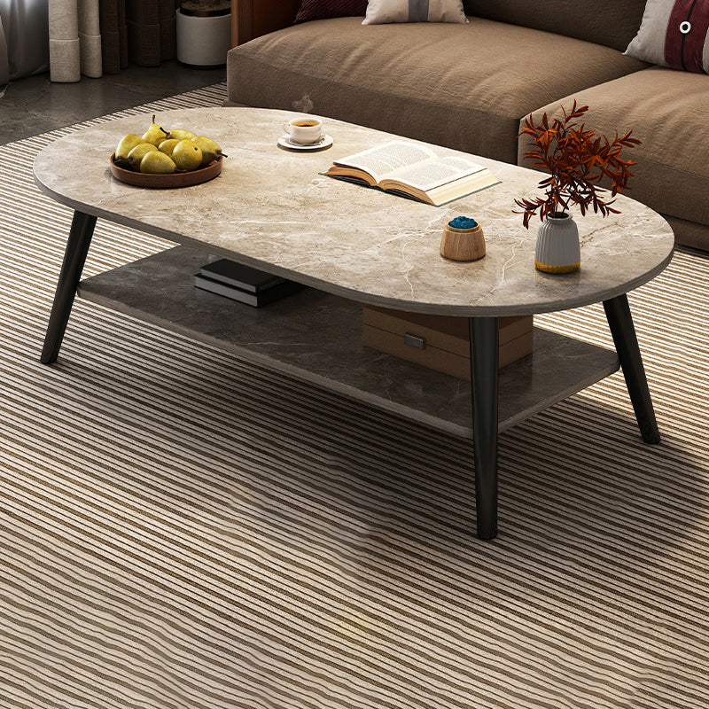 Modern Wood Cocktail Table 4 Legs Coffee Table with Storage Shelf 39"L x 20"W x 17"H Grey Oval Clearhalo 'Coffee & Accent Tables' 'Coffee Tables' 'coffee_tables' 'furn' 'furn_coffee_tables' 'Furniture' 'Living Room Furniture' 6736338