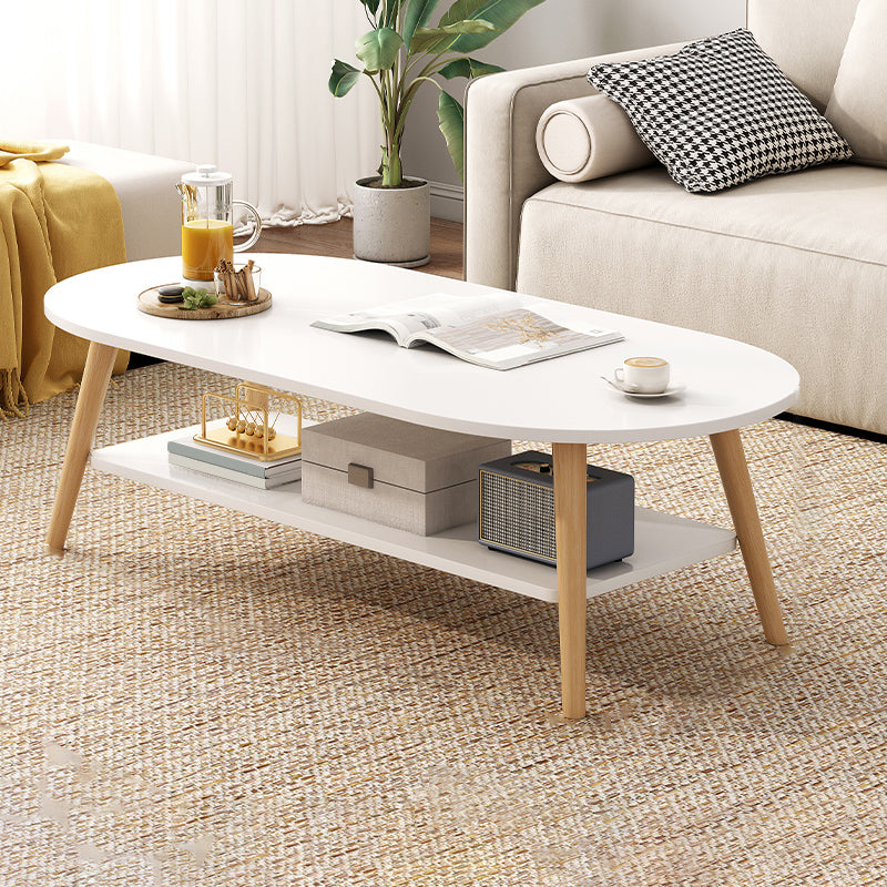 Modern Wood Cocktail Table 4 Legs Coffee Table with Storage Shelf 31.5"L x 16"W x 16.5"H White Oval Clearhalo 'Coffee & Accent Tables' 'Coffee Tables' 'coffee_tables' 'furn' 'furn_coffee_tables' 'Furniture' 'Living Room Furniture' 6736351