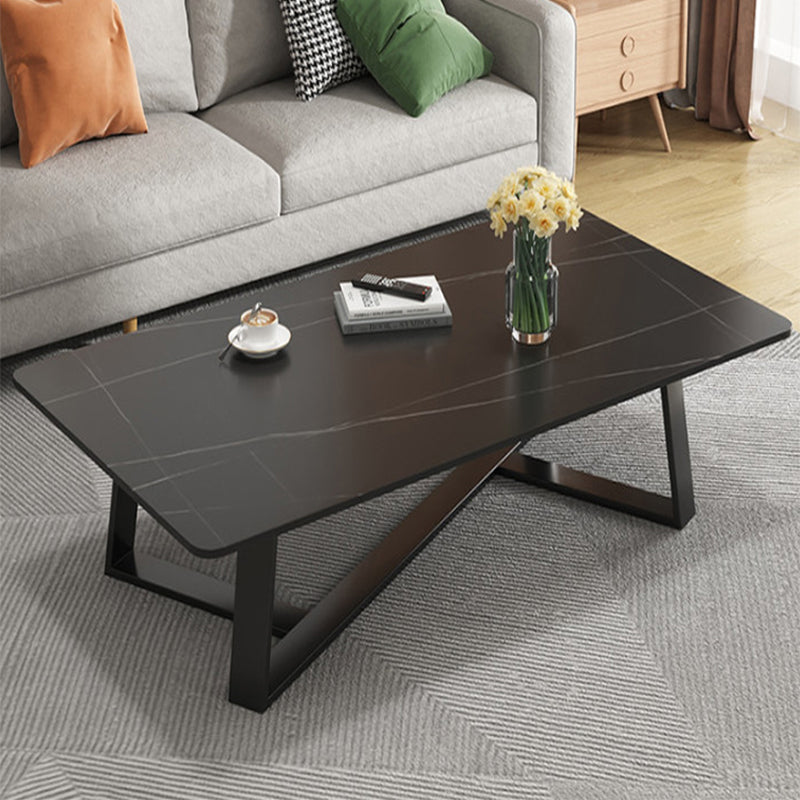 Modern Rectangle Coffee or End Table Stone and Steel Coffee Table with Cross Legs
