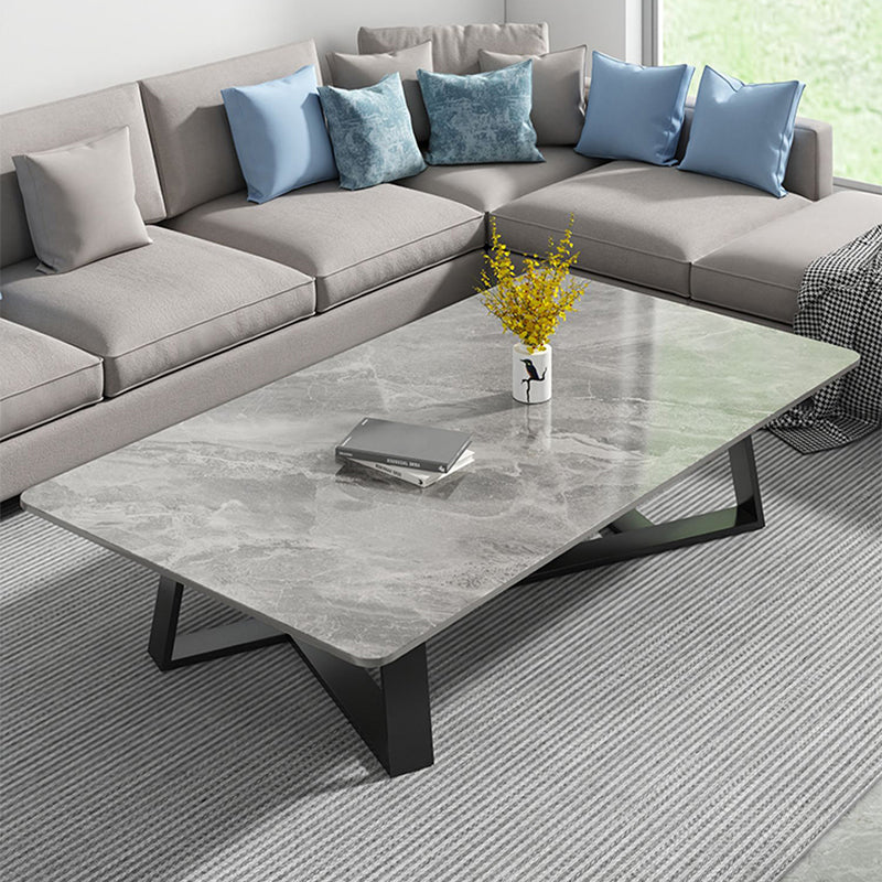 Modern Rectangle Coffee or End Table Stone and Steel Coffee Table with Cross Legs