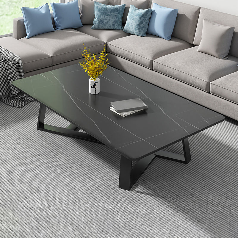 Modern Rectangle Coffee or End Table Stone and Steel Coffee Table with Cross Legs