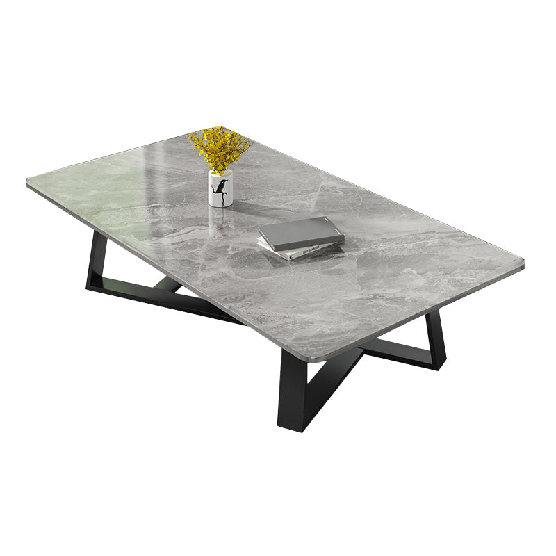 Modern Rectangle Coffee or End Table Stone and Steel Coffee Table with Cross Legs