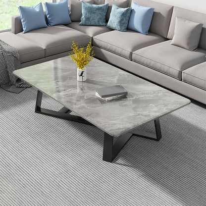 Modern Rectangle Coffee or End Table Stone and Steel Coffee Table with Cross Legs