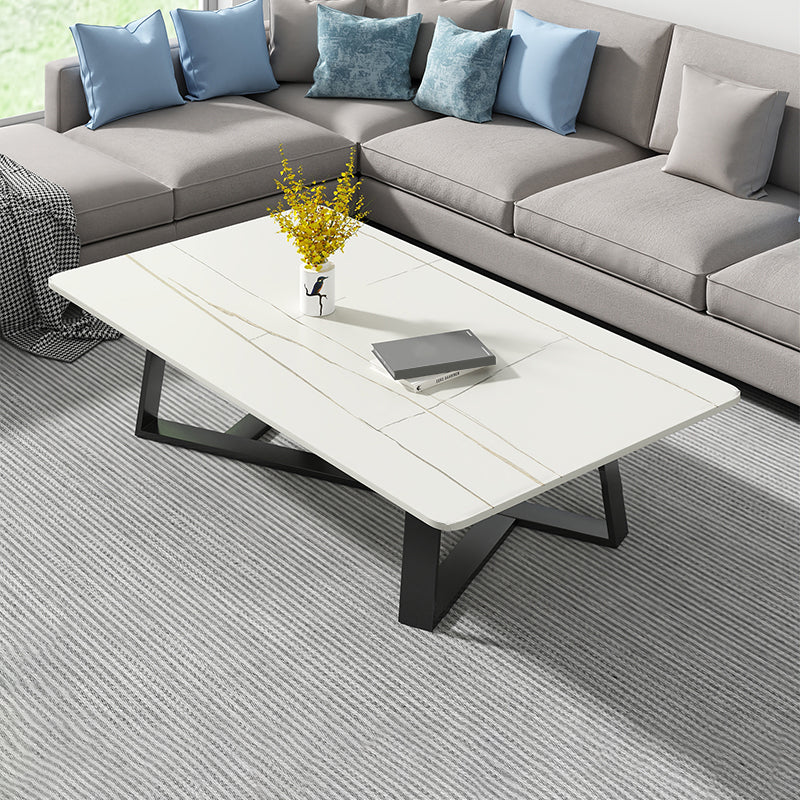 Modern Rectangle Coffee or End Table Stone and Steel Coffee Table with Cross Legs