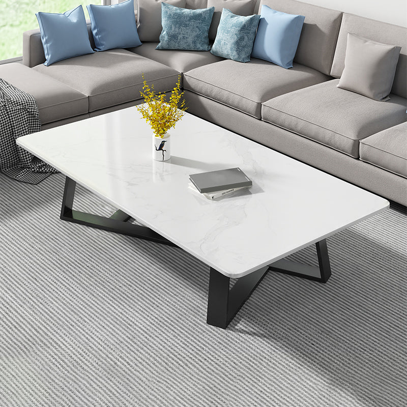 Modern Rectangle Coffee or End Table Stone and Steel Coffee Table with Cross Legs