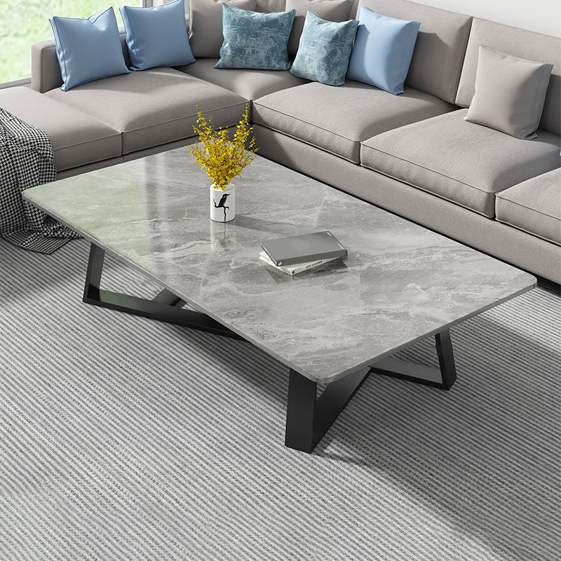 Modern Rectangle Coffee or End Table Stone and Steel Coffee Table with Cross Legs
