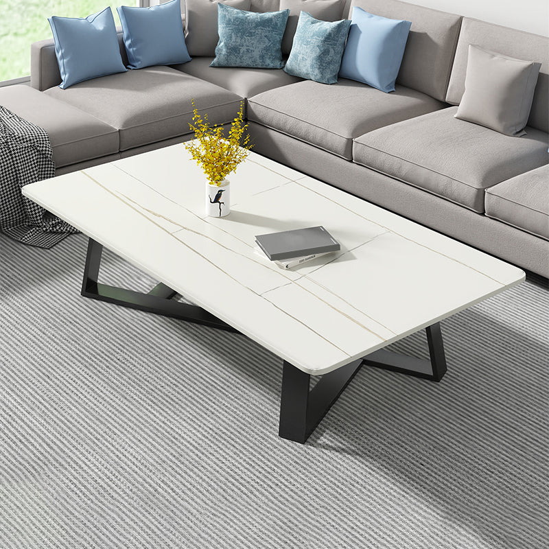 Modern Rectangle Coffee or End Table Stone and Steel Coffee Table with Cross Legs