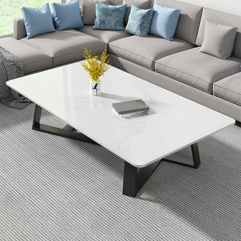 Modern Rectangle Coffee or End Table Stone and Steel Coffee Table with Cross Legs