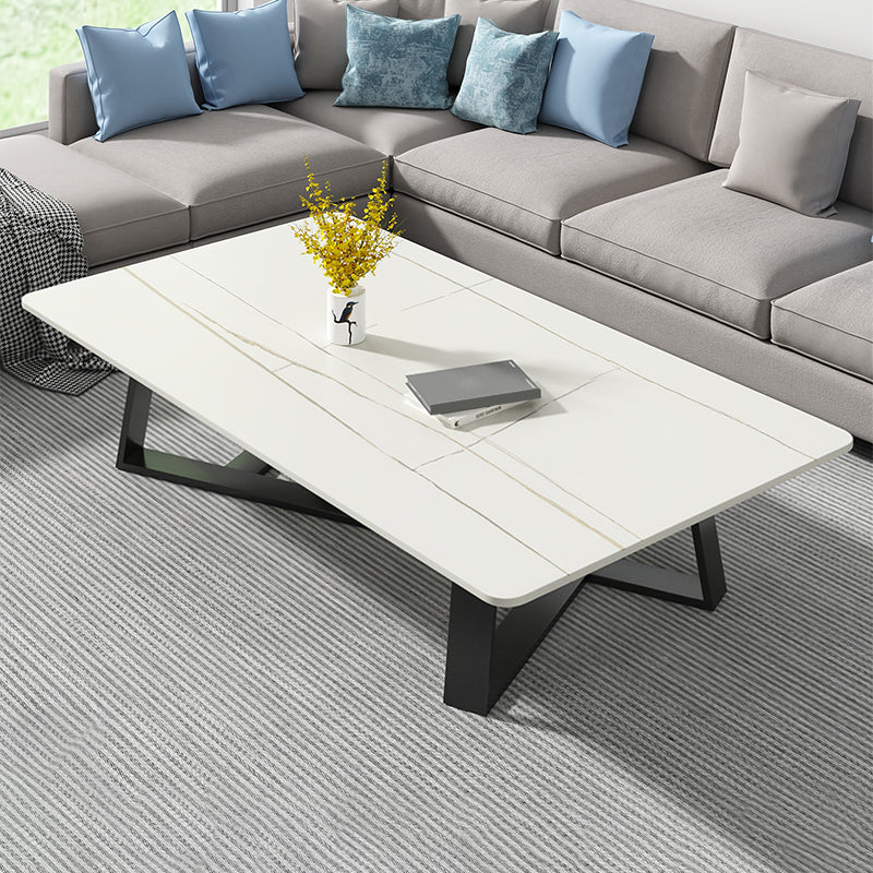 Modern Rectangle Coffee or End Table Stone and Steel Coffee Table with Cross Legs