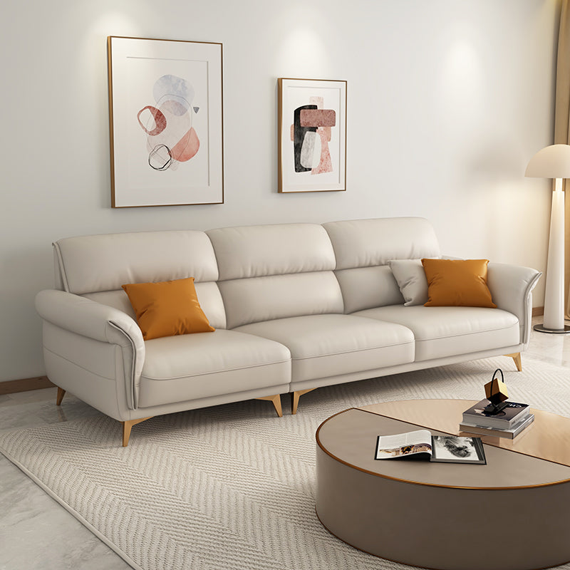 Genuine Leather Biscuit Back Sofa Modern Beige Flared Arm Cushions Sofa