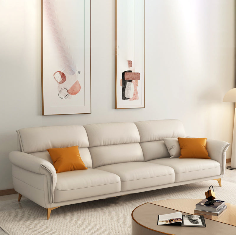 Genuine Leather Biscuit Back Sofa Modern Beige Flared Arm Cushions Sofa