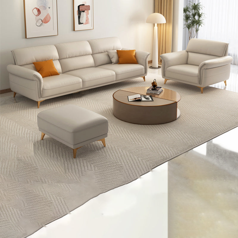 Genuine Leather Biscuit Back Sofa Modern Beige Flared Arm Cushions Sofa